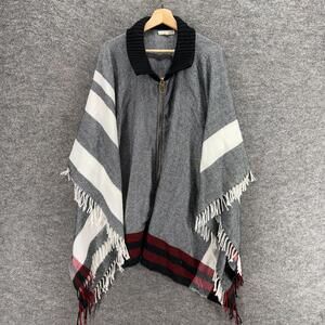 Indigo Soul Cape Women One Size Gray Striped Knit Full Zip Collared 3/4 Sleeve